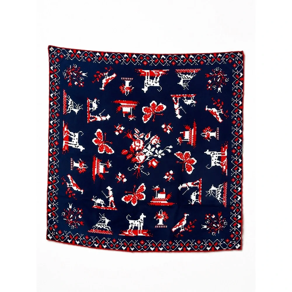Vintage Sally Gee Silk Blend Scarf Navy Red White‎ Pixel Art Novelty Print Japan